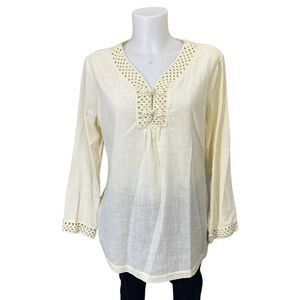 VINEYARD‎ VINES Women's Cream Yellow Pullover Long Sleeve Crochet Tunic Size M